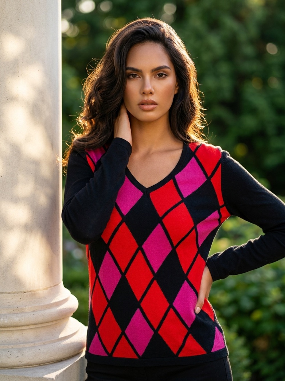 Tommy Hilfiger V-Neck Colorblock Sweater — Navy, Red & Pink
